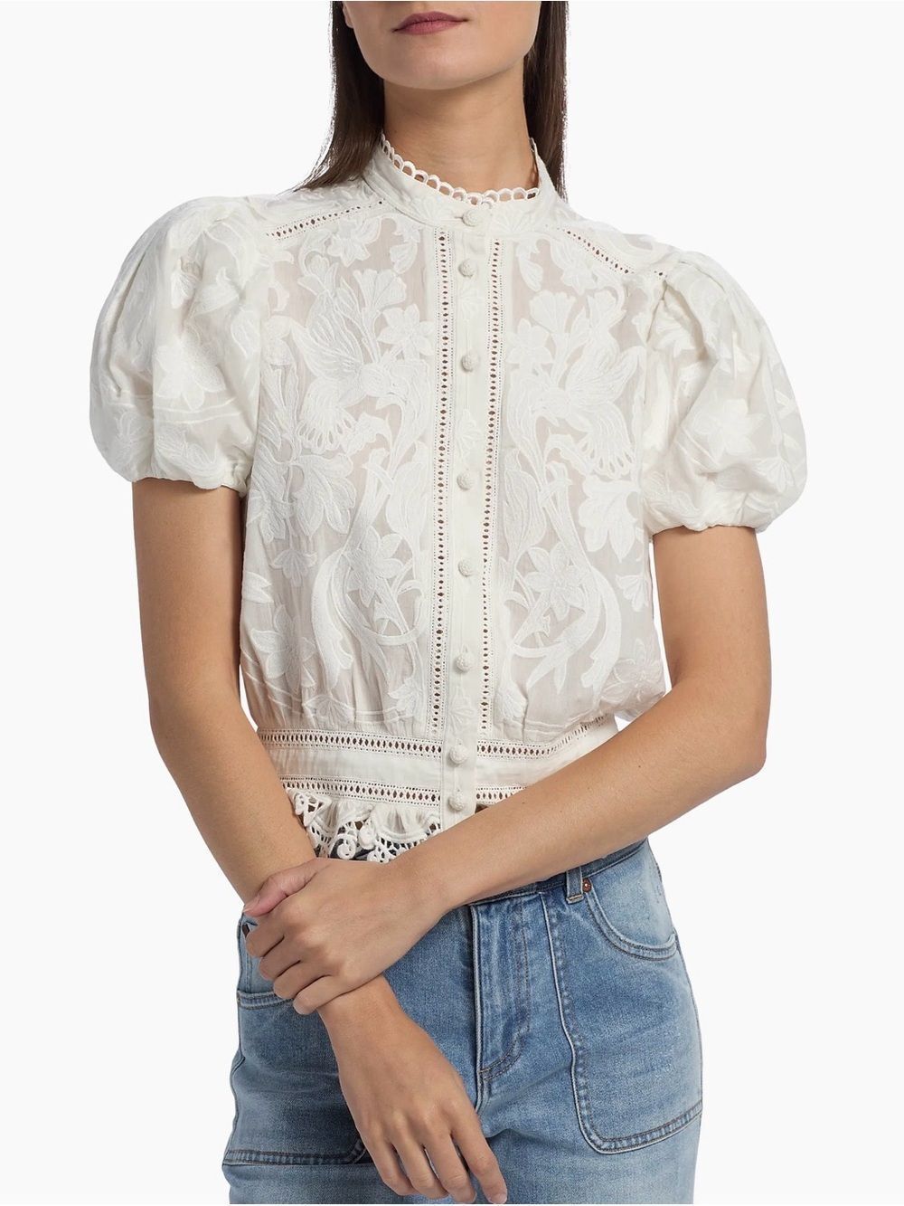 ALICE + OLIVIA Loryn Embroidered Cotton Short-Sleeve Blouse size XL